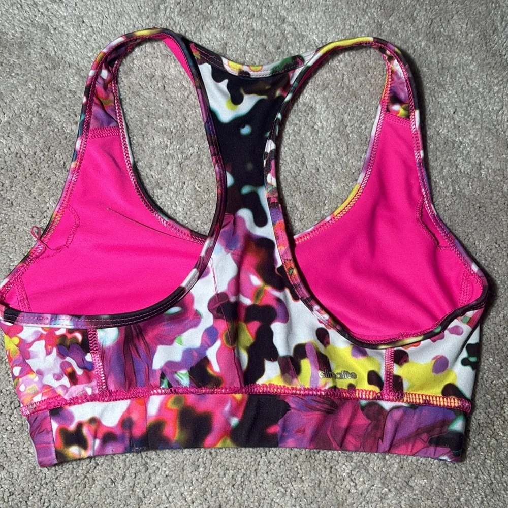 Adidas Pink purple Sports Bra Racerback women’s small abstract floral multicolor
